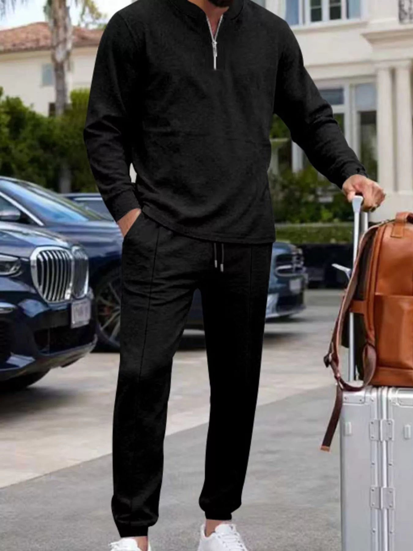Men's Plus Size Casual Zipper Neck Long Sleeve Top and Pants Set