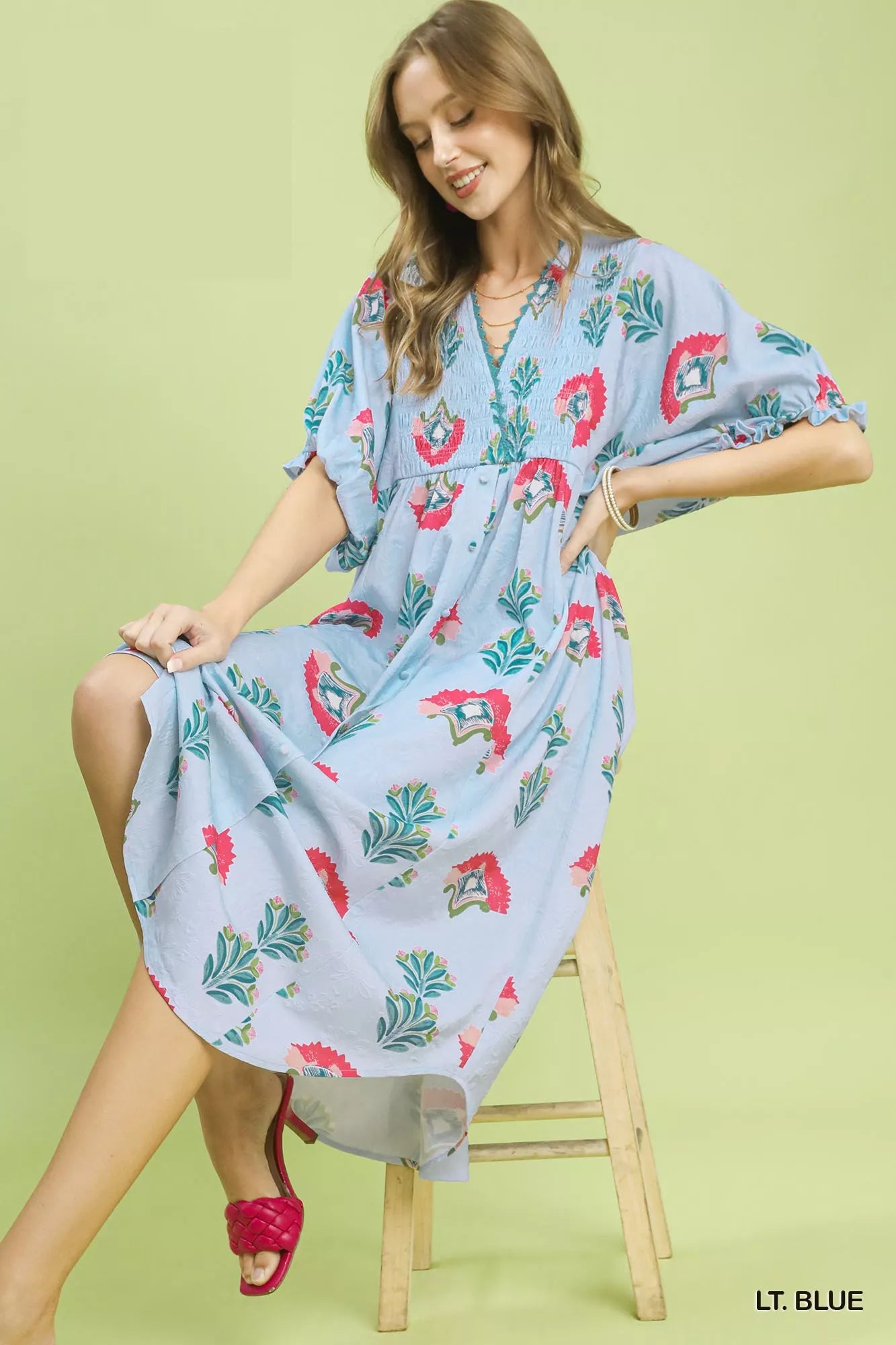 Umgee Abstract Print V-Neck Midi Dress