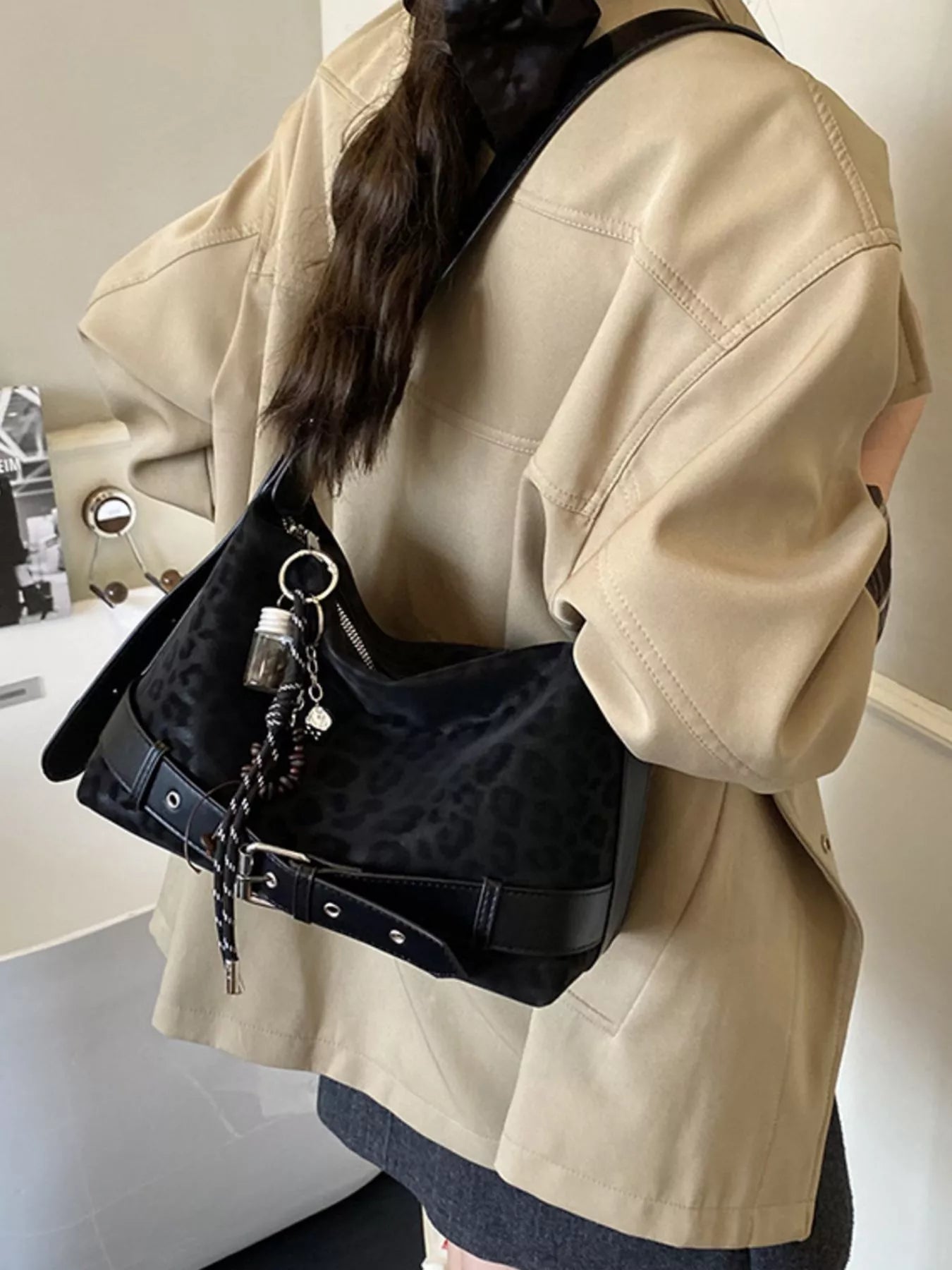 Leopard Print Suede Crossbody Bag