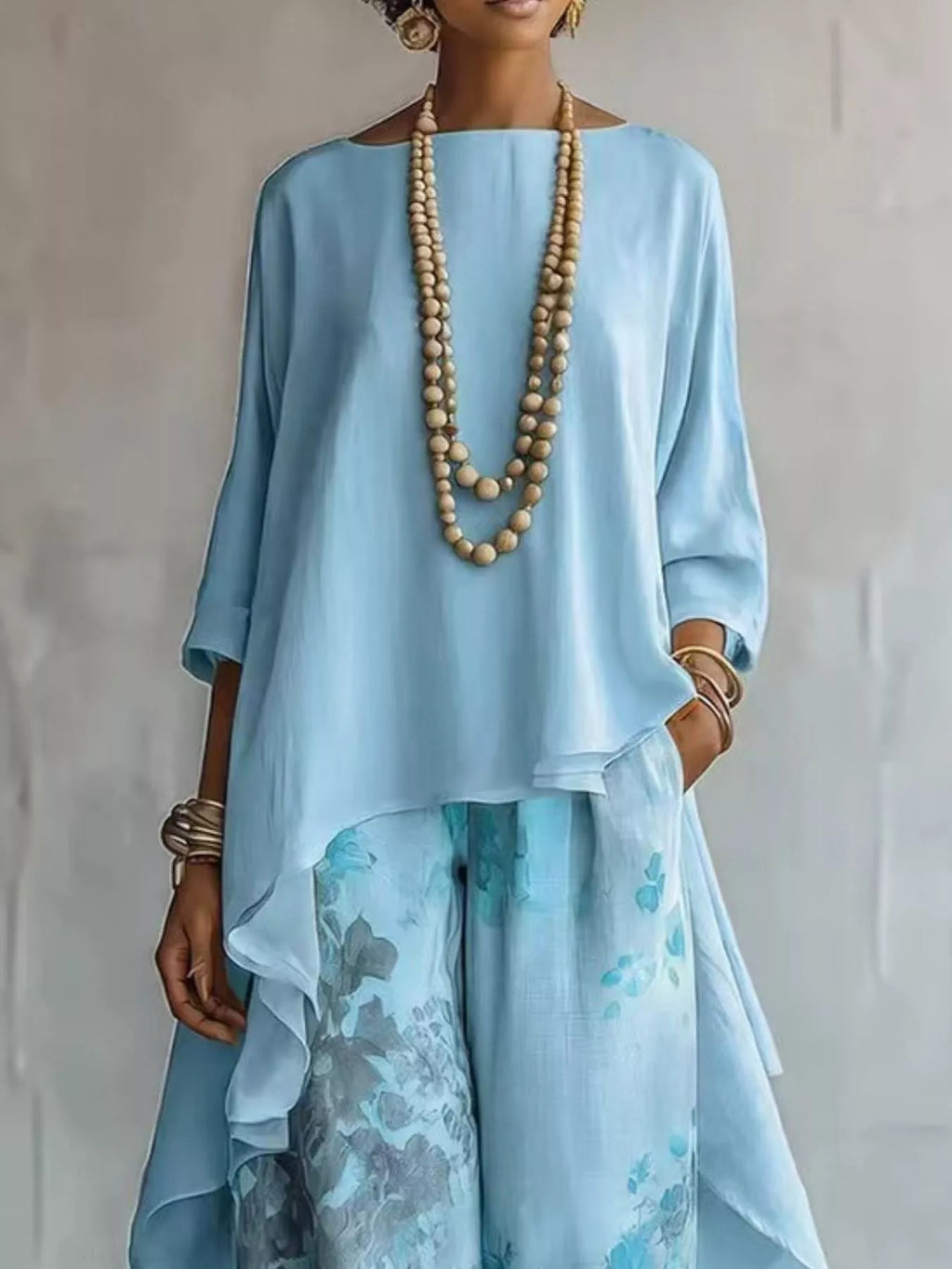 Asymmetrical Hem Top and Floral Pants Set