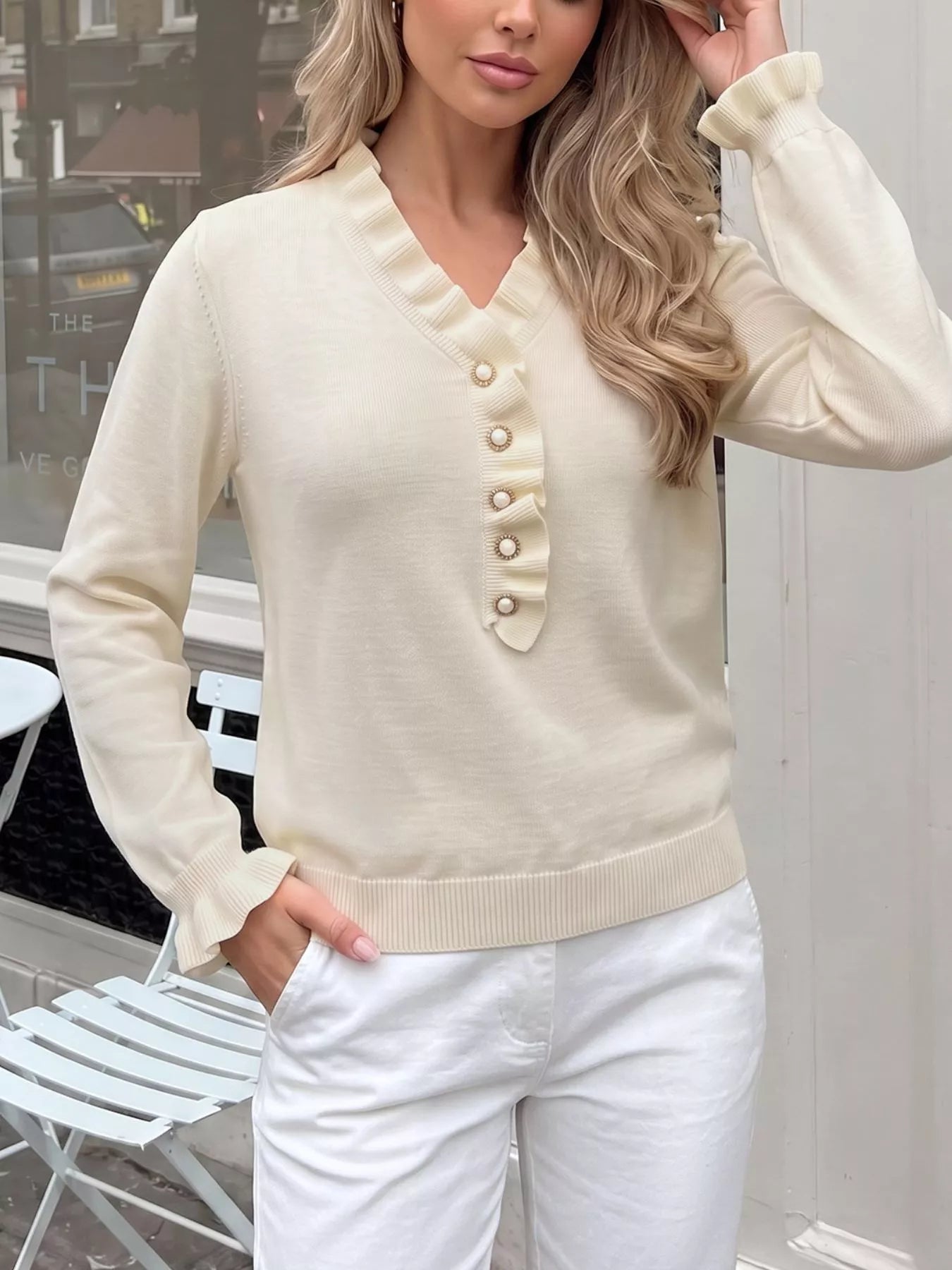 Ruffle Trim Pearl Button V-Neck Knit Top