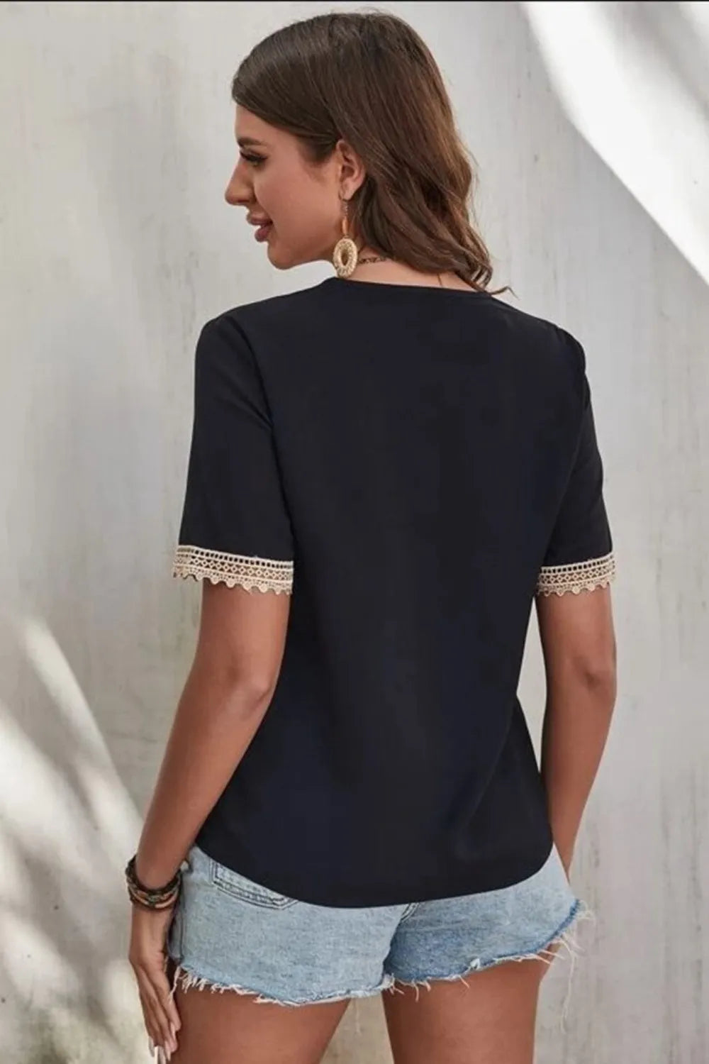 Full Size Lace Detail V-Neck Short Sleeve Blouse Plus Size