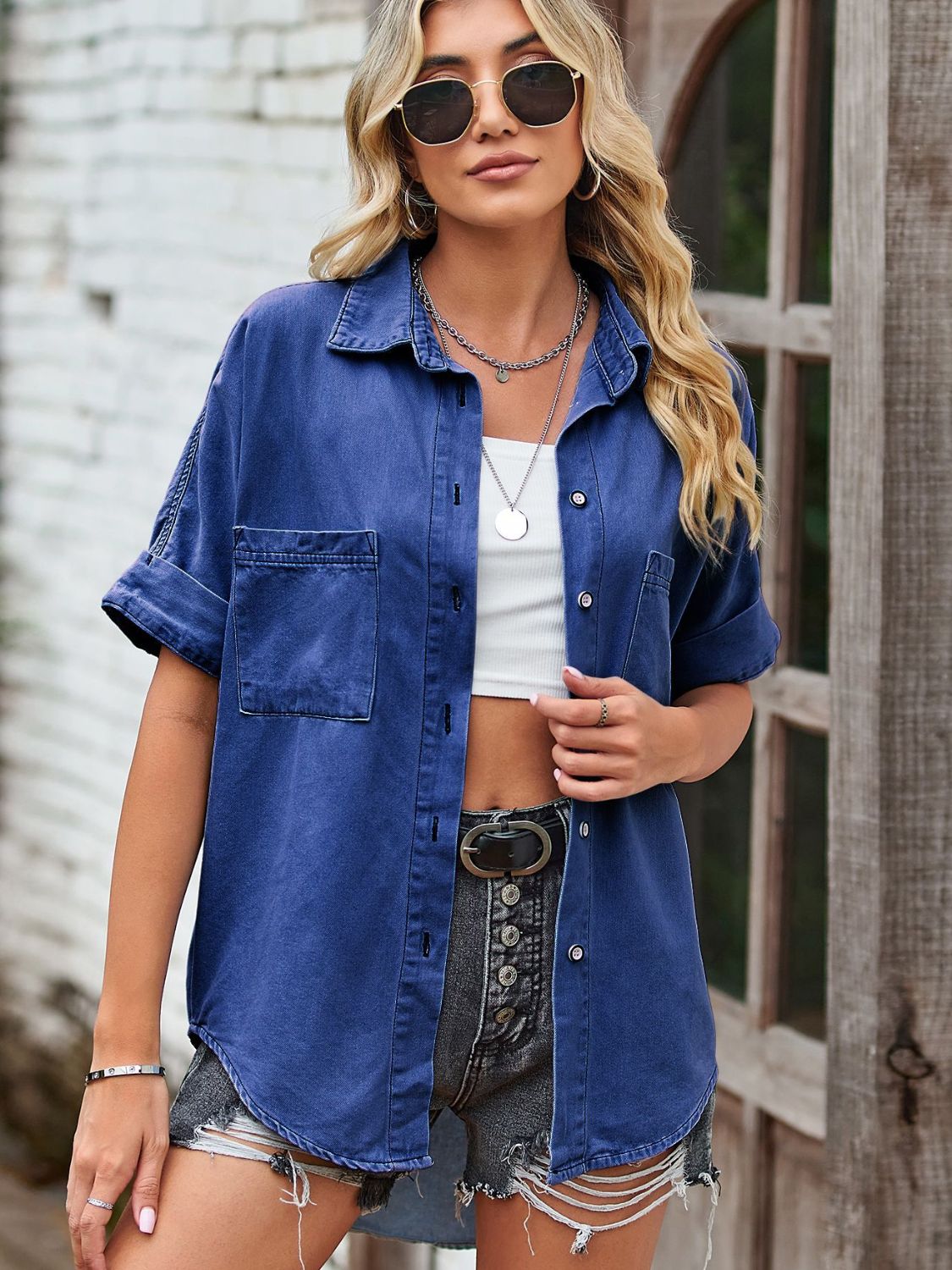 Short Sleeve Collared Neck Denim Shacket with Pockets