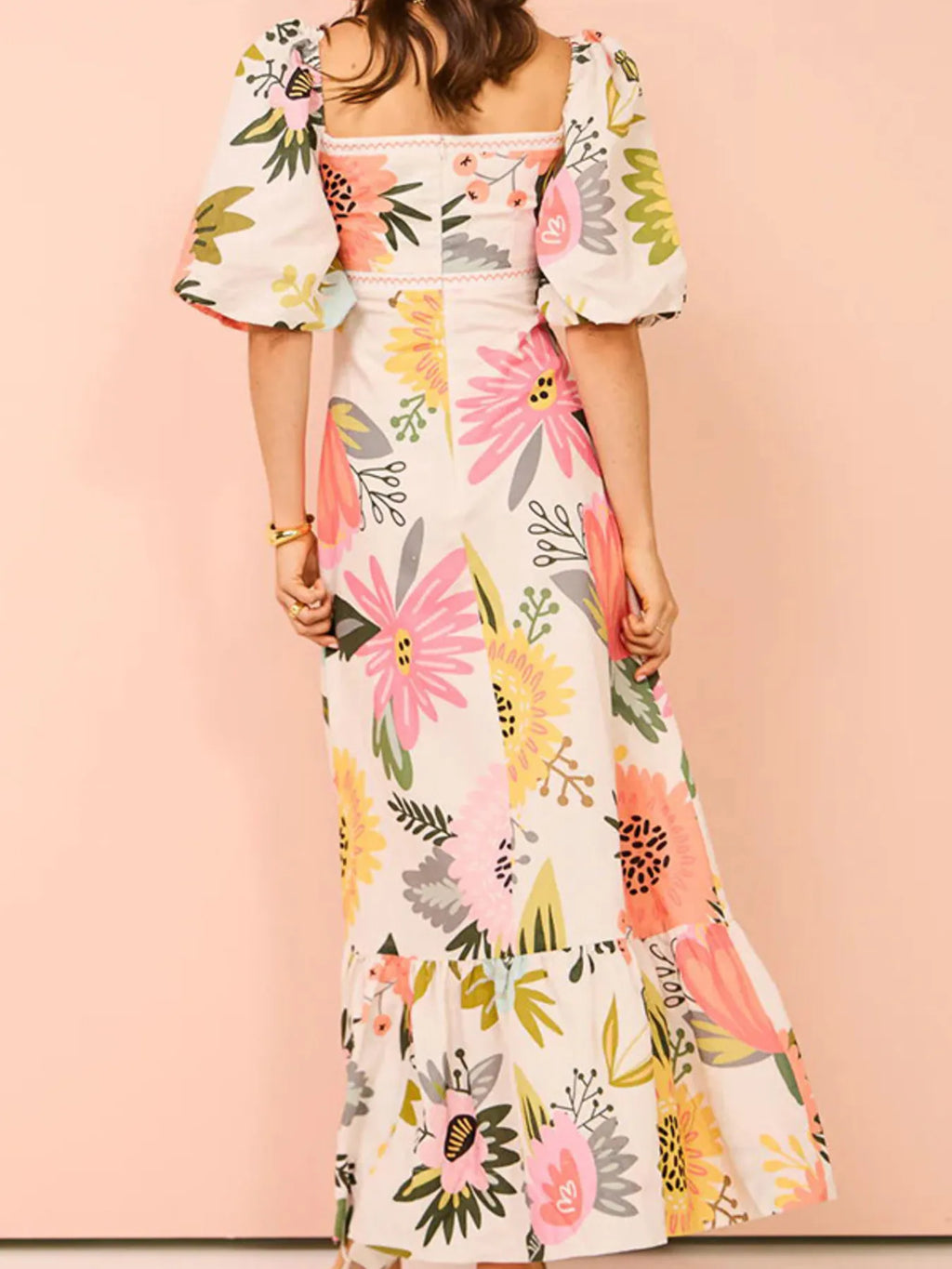 Floral Square Neck Puff Sleeve Maxi Dress with Ruffle Hem