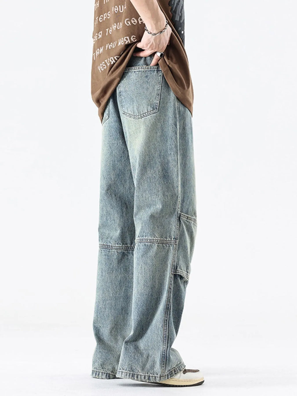 Men's Vintage Wide Leg Utility Jeans with Multi-Panel Design