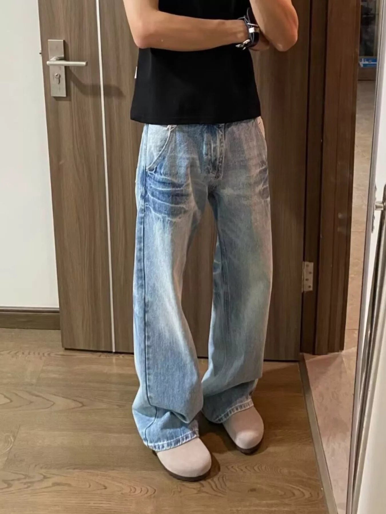 Men's Full Size Vintage Wash Wide Leg Jeans Plus Size