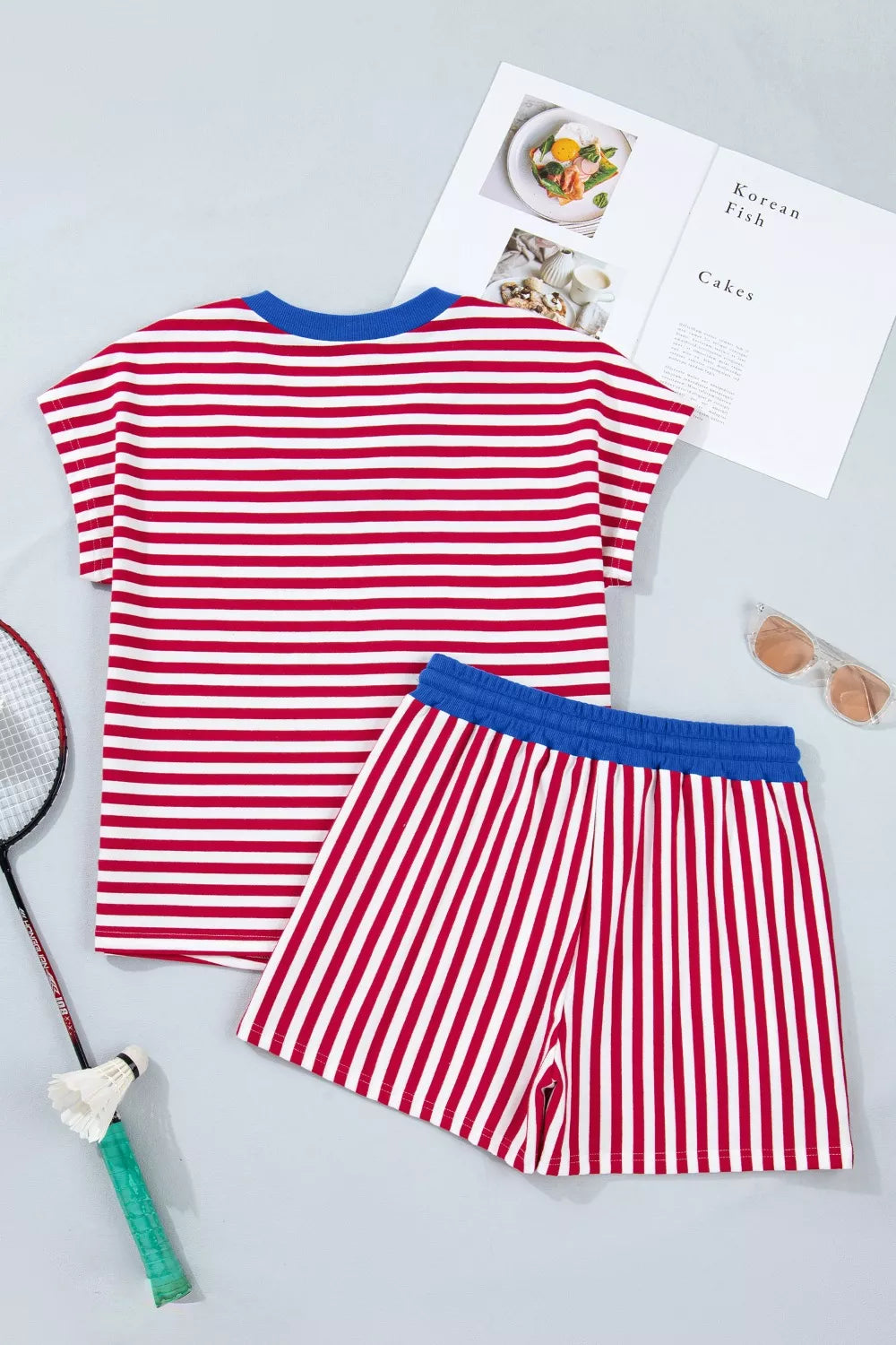 Stripe Colorblock Trim V Neck Tee Drawstring Elastic Waist Shorts Set