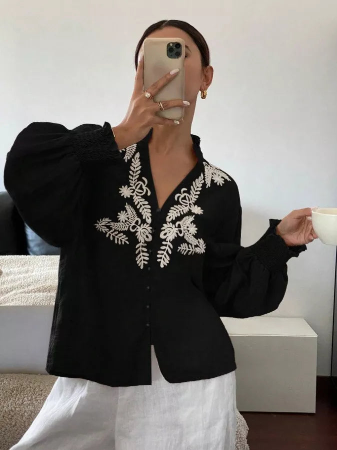 Embroidered Notched Long Sleeve Blouse