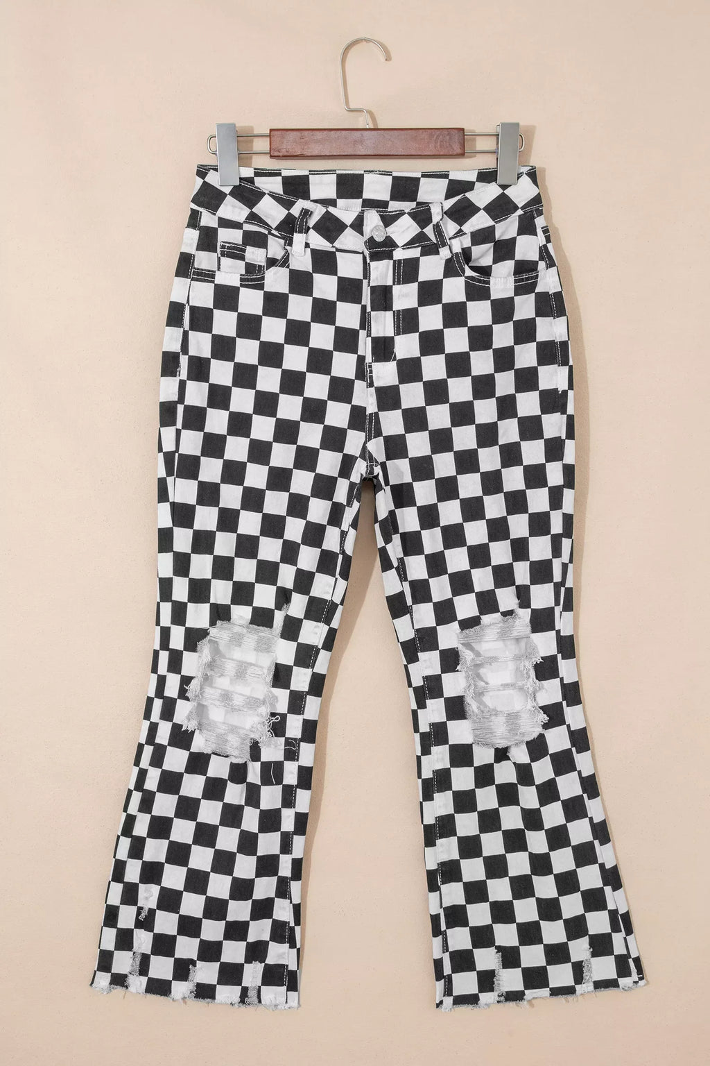 Checkerboard Print Distressed Holes Raw Edge Cropped Jeans