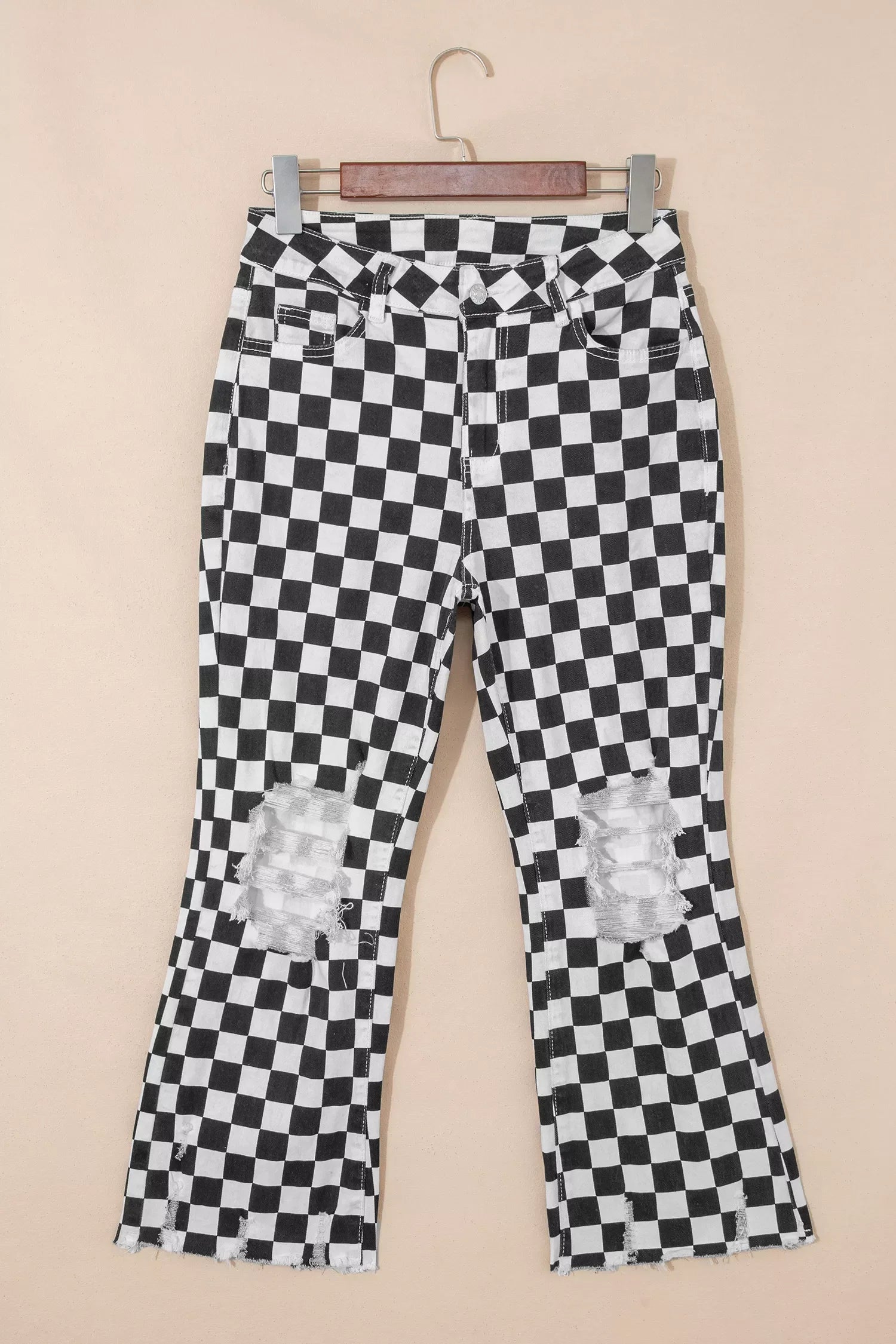 Checkerboard Print Distressed Holes Raw Edge Cropped Jeans