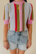 Color Block Short Sleeve Striped Crochet Knit Top
