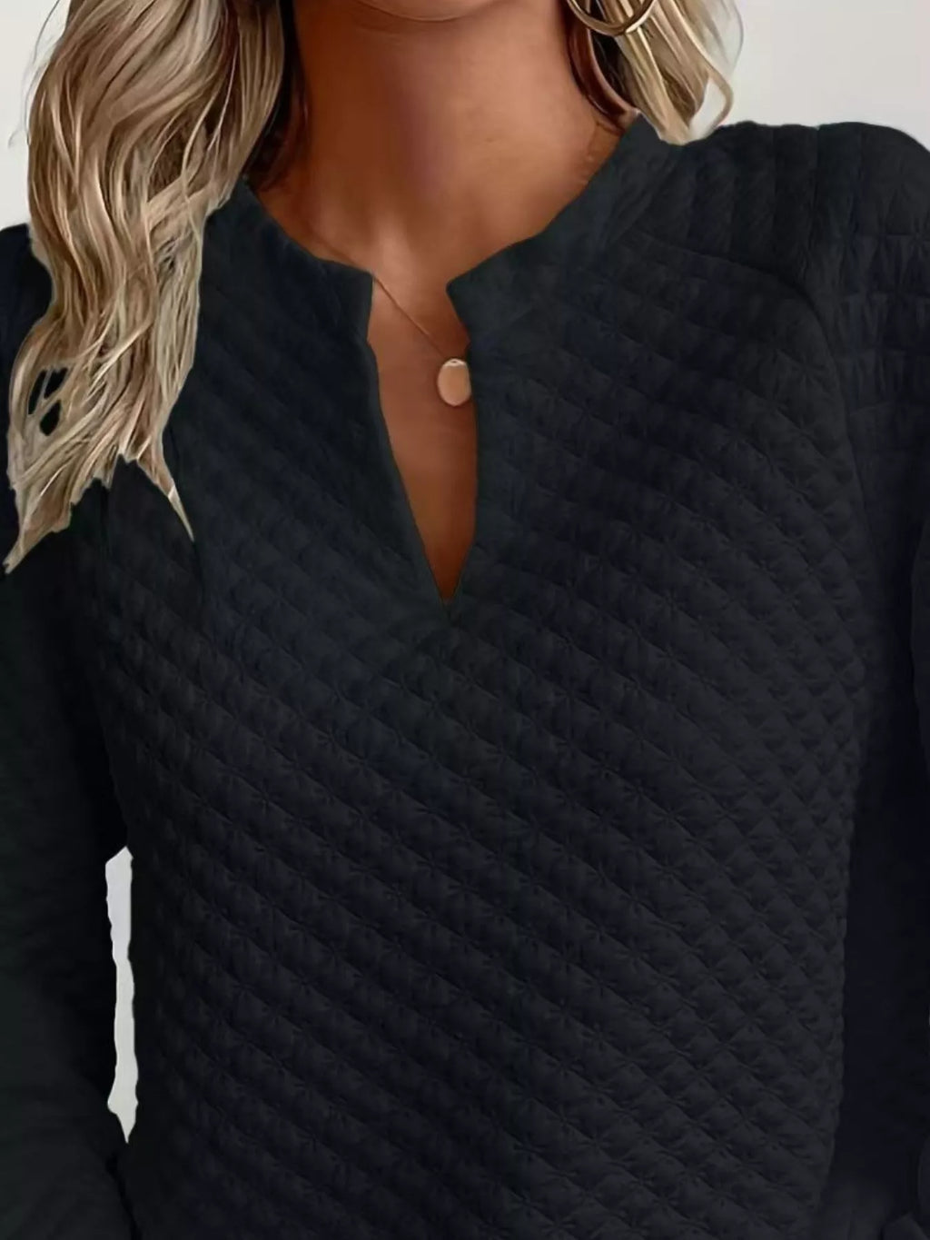 Quilted Texture Long Sleeve Sweatshirt with Notched Neck
