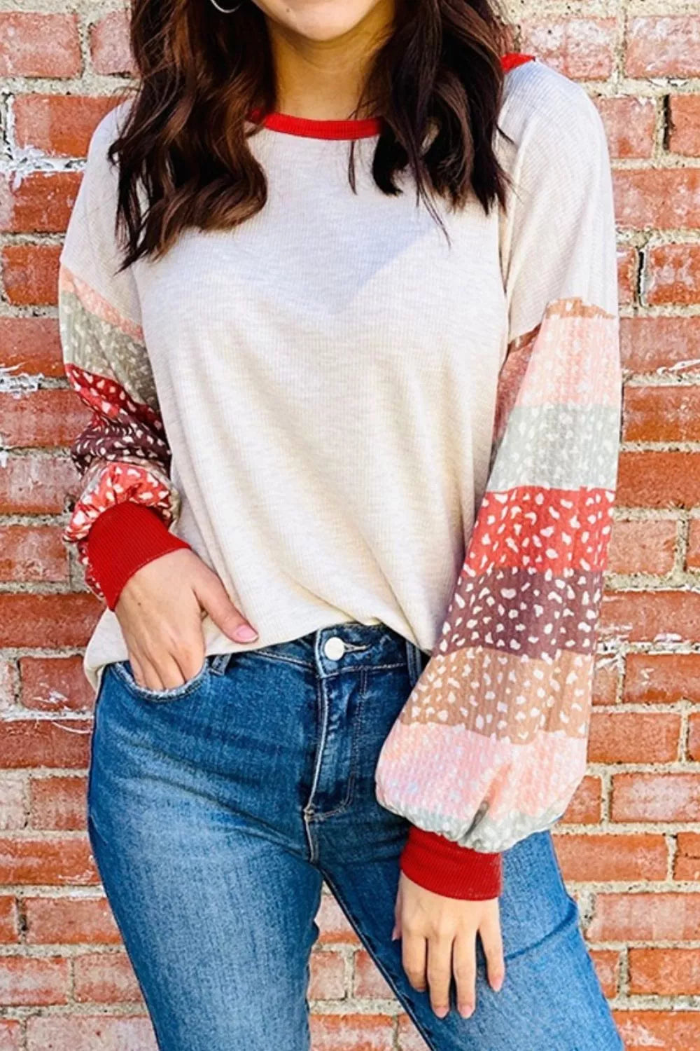 Striped Sleeve Round Neck Blouse