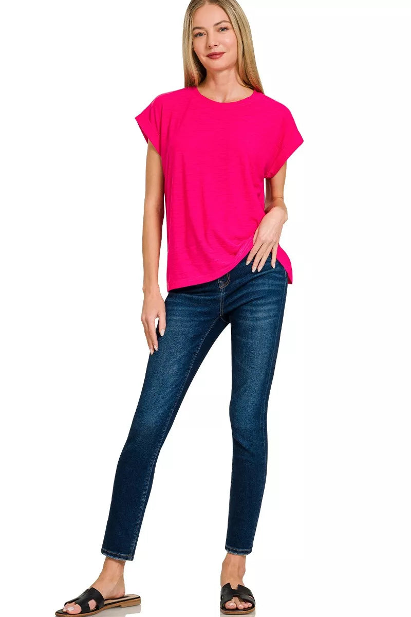 Zenana Slub Cuffed Sleeve Tee