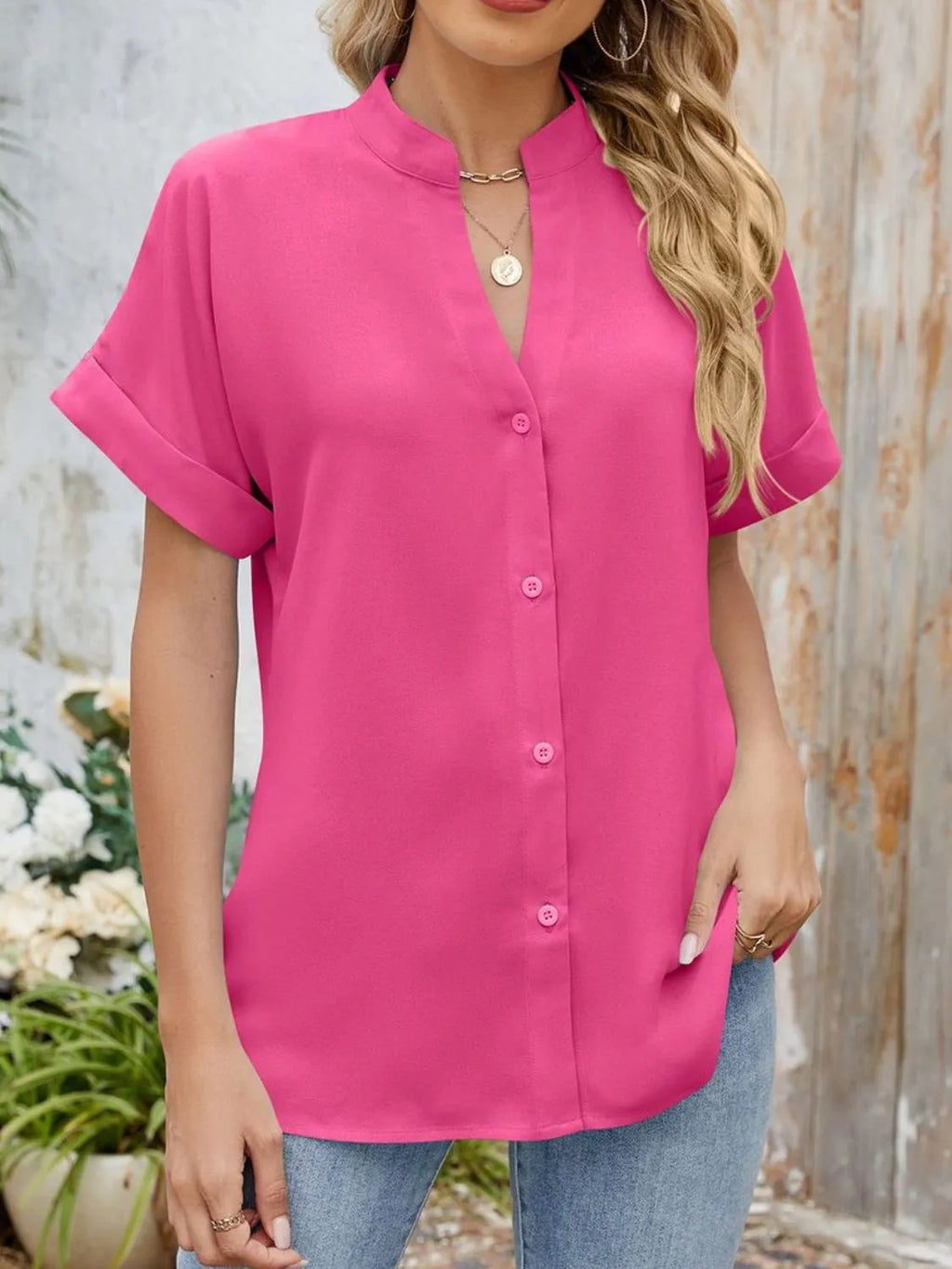 Notched Short Sleeve Blouse