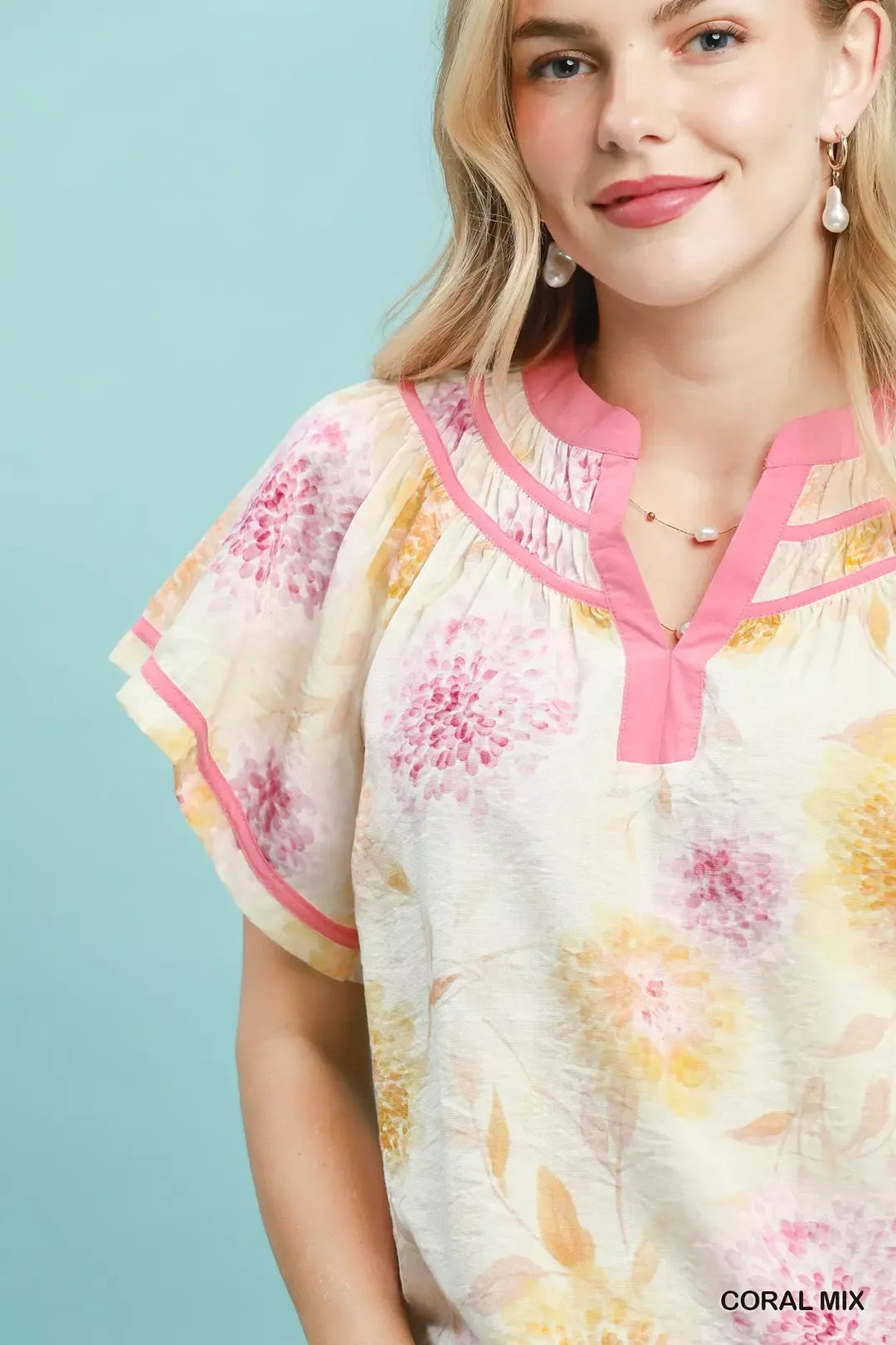 Umgee Floral Flutter Sleeve Blouse