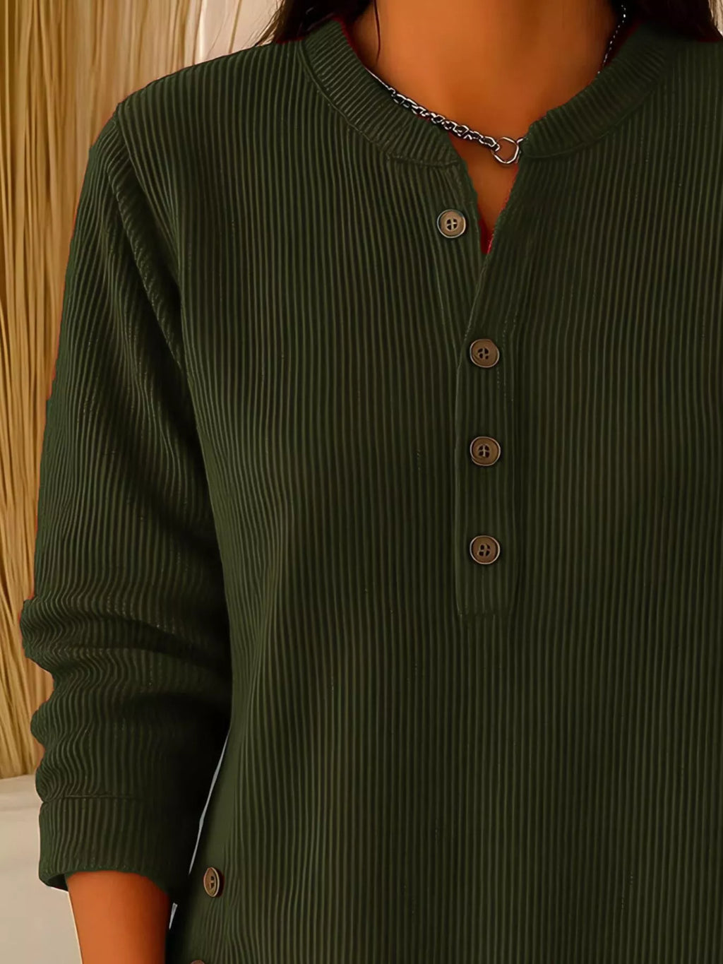 Full Size Ribbed Half Button Henley Top Plus Size