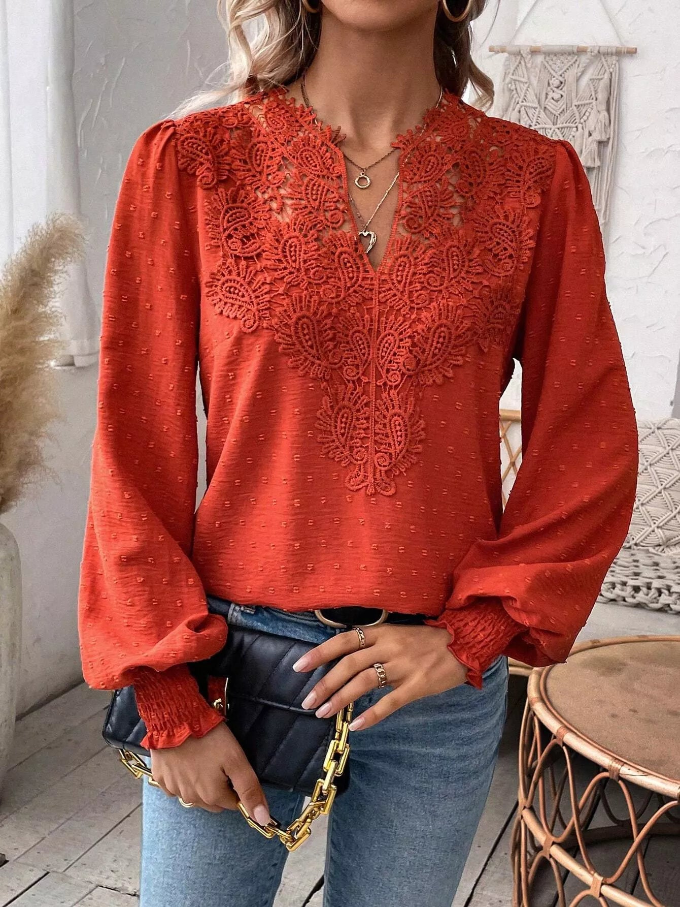 Swiss Dot Lace Detail Long Sleeve Blouse
