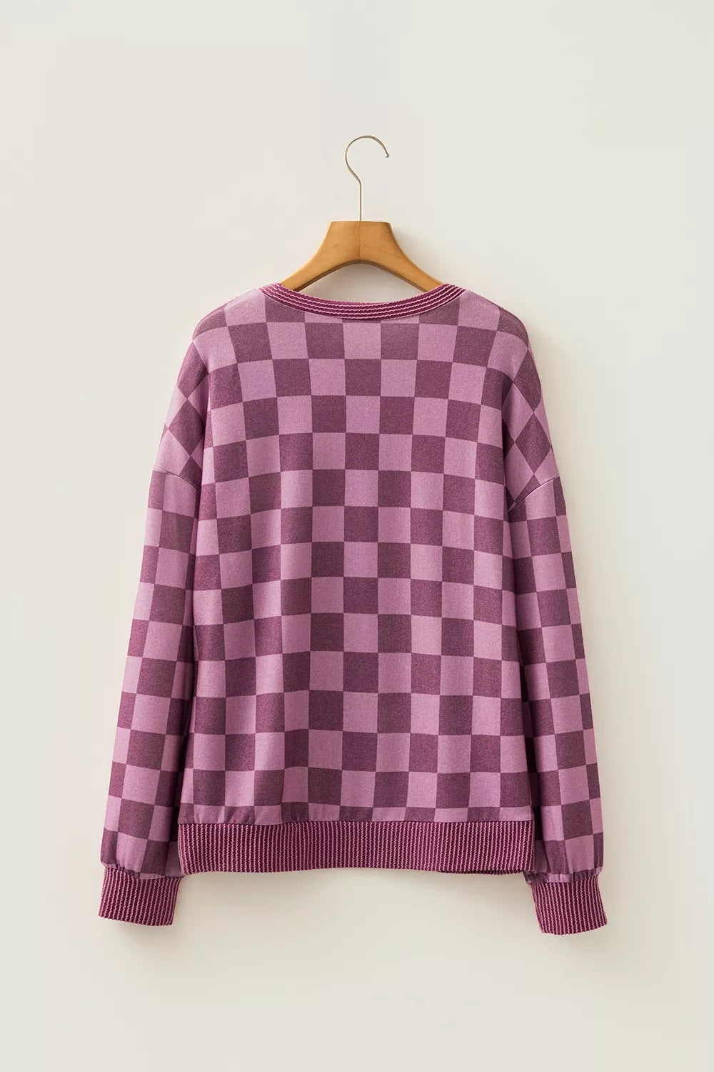 Ribbed Trim Checkered Print Long Sleeve Pullover Top