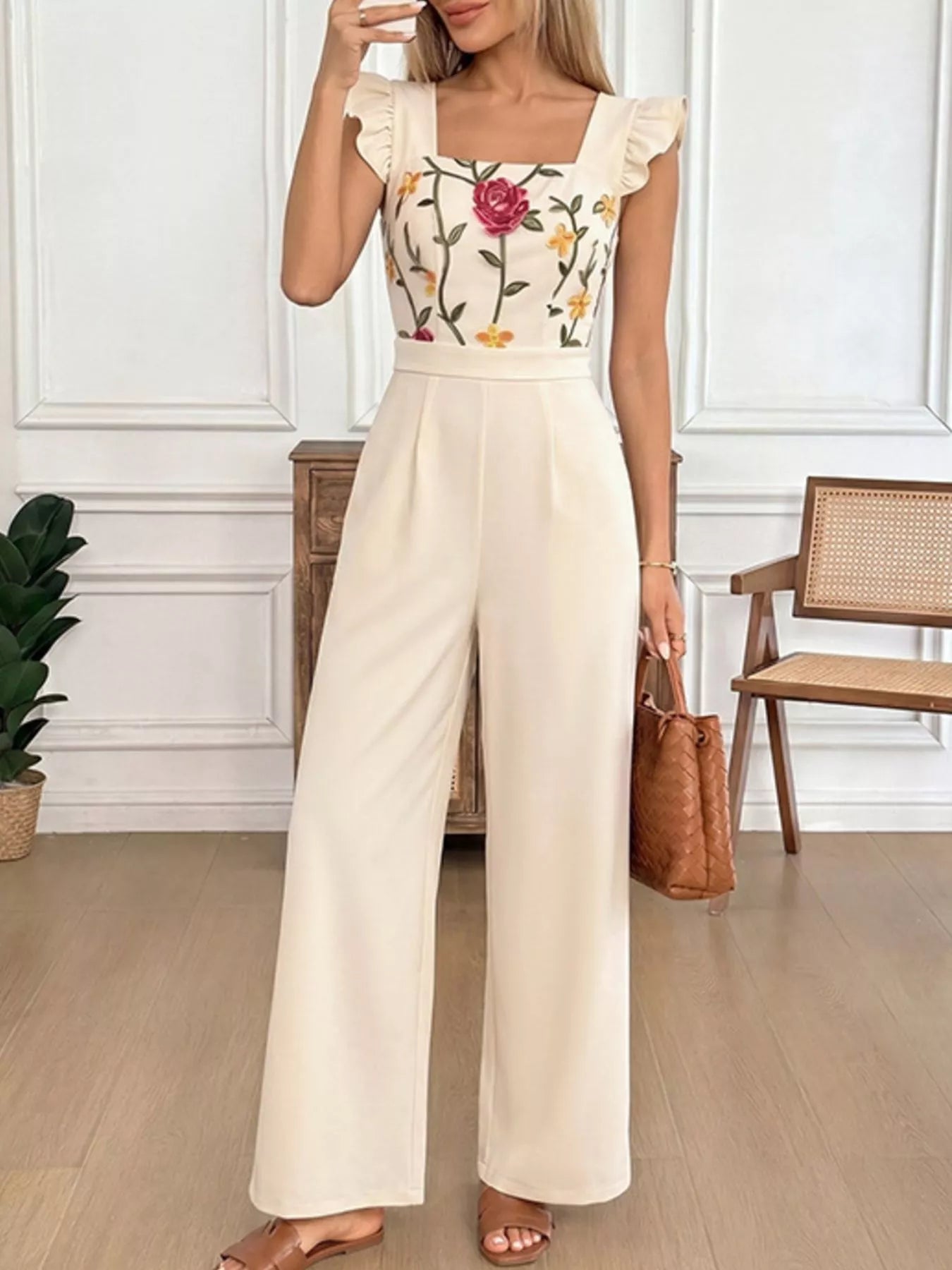 Floral Embroidered Ruffle Trim Jumpsuit