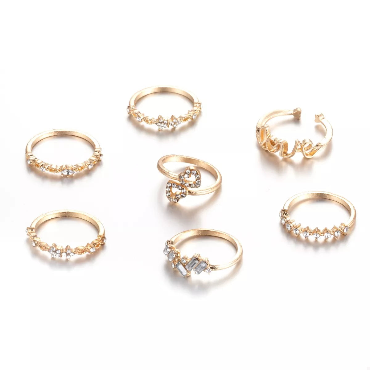 7 Piece 18K Gold-Plated LOVE Zircon Ring Set
