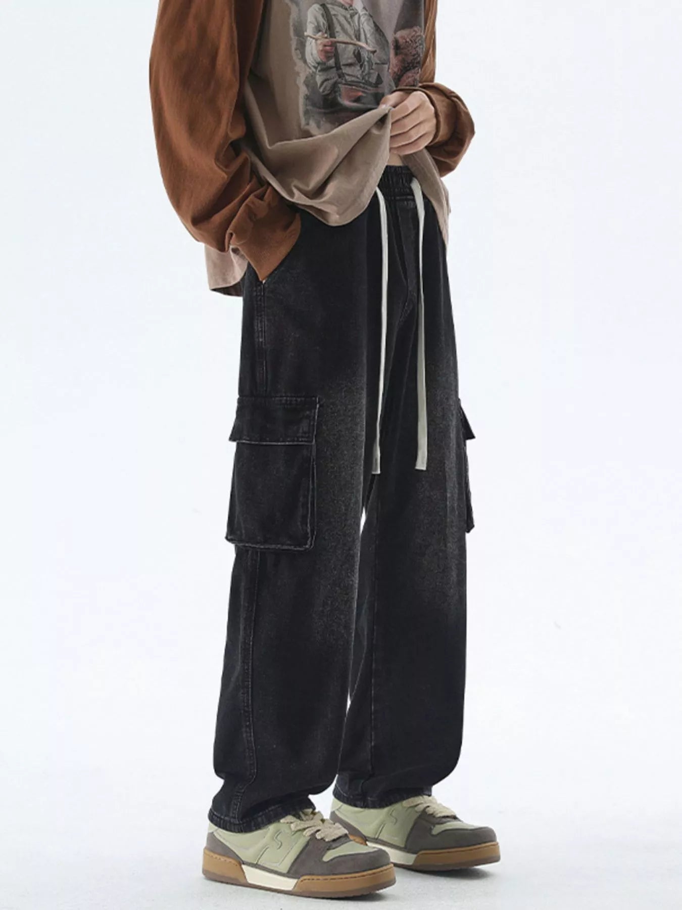 Men's Drawstring Wash Wide Leg Jeans