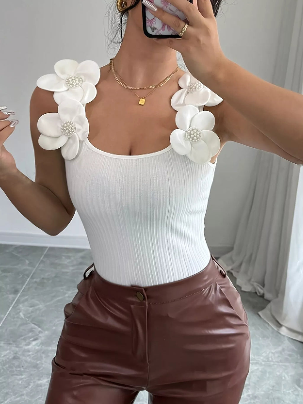 Floral Applique Ribbed Tank Top
