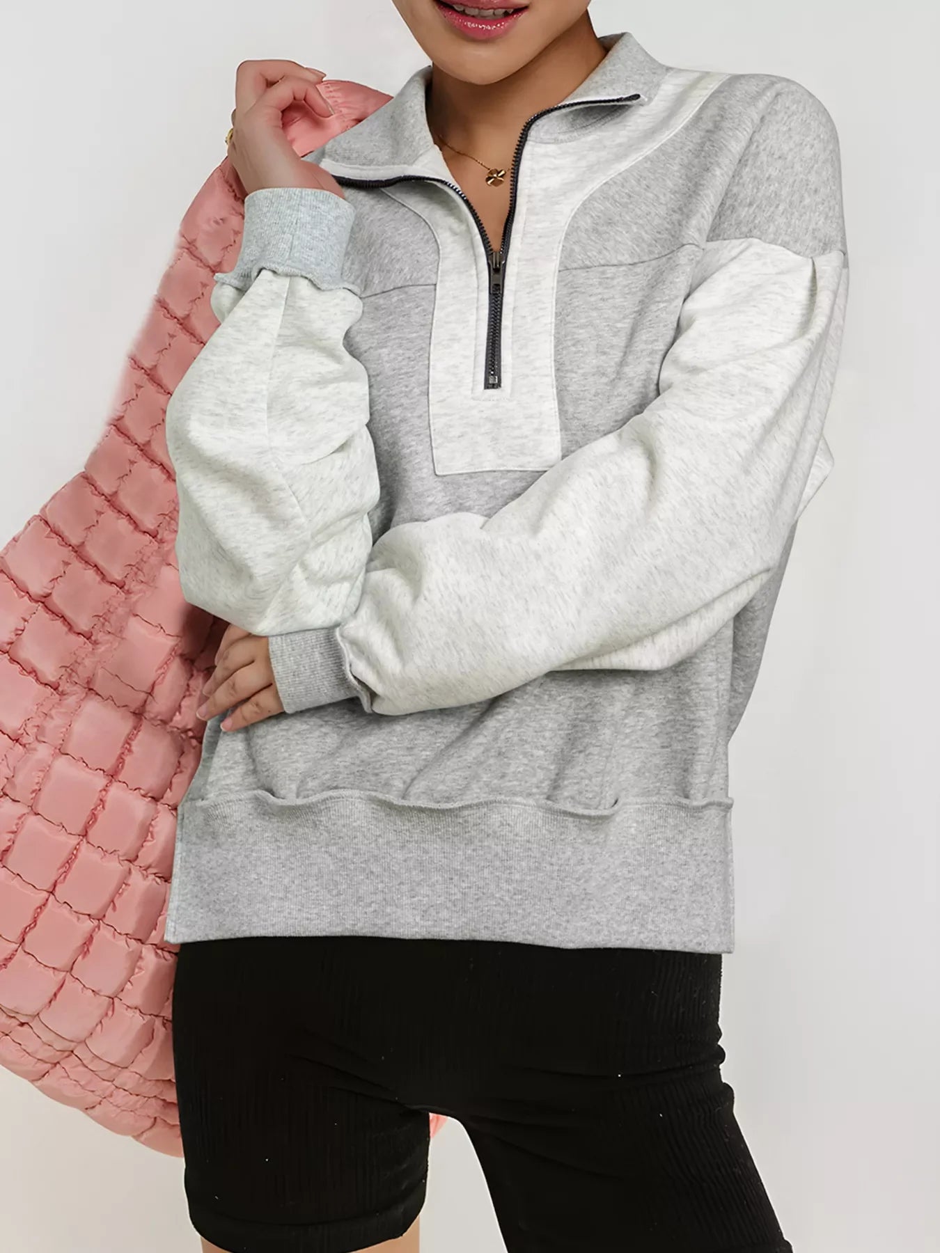 Half Zipper Collared Drop Shoulder Side Slits Sweatshirt