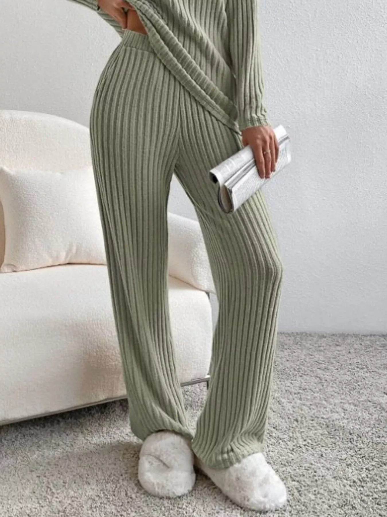 Ribbed Knit V-Neck Top and Pants Set