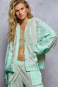 POL Exposed Seam Button Down Hooded Jacket with Lace Detail