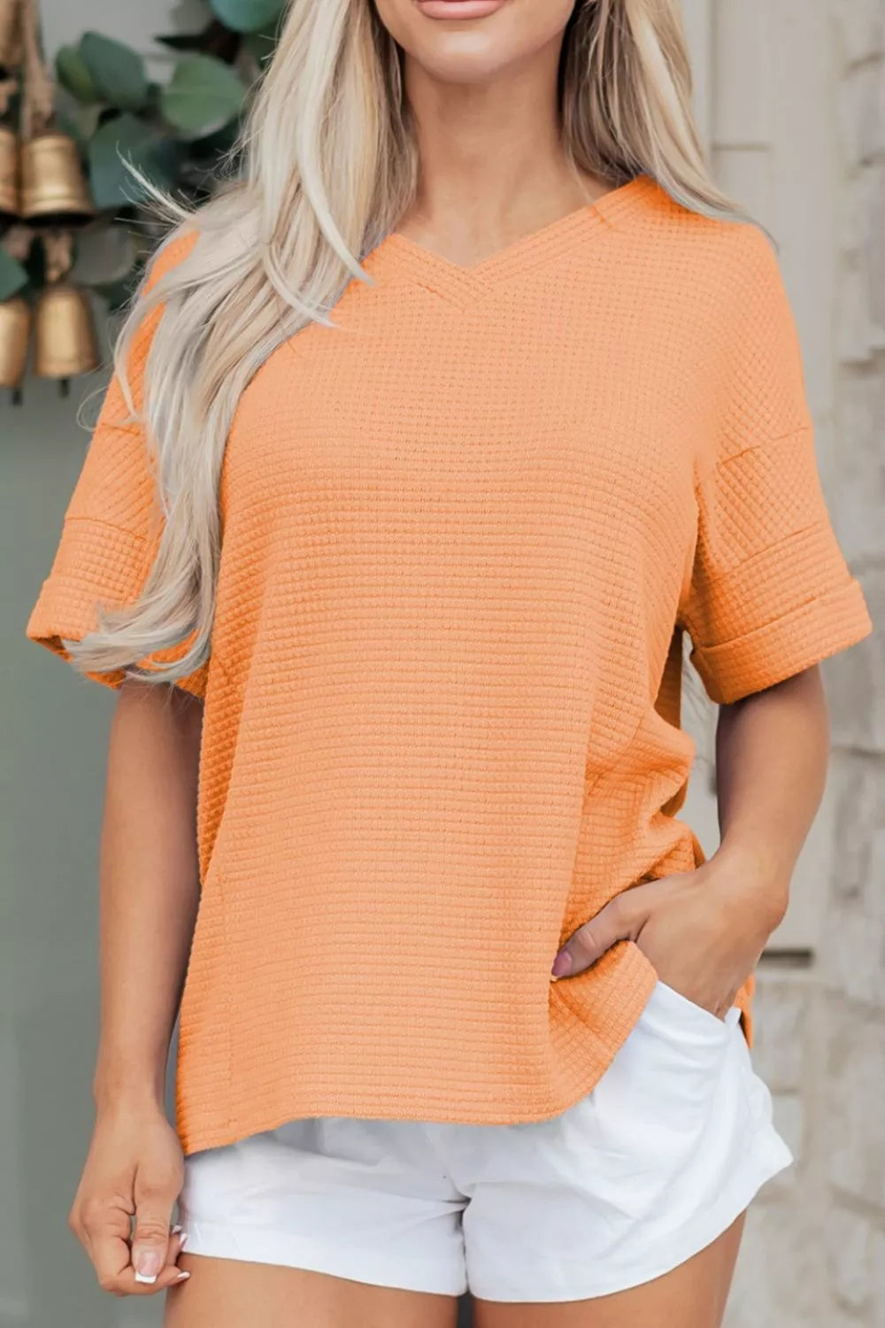 Textured Waffle Knit V-Neck T-Shirt