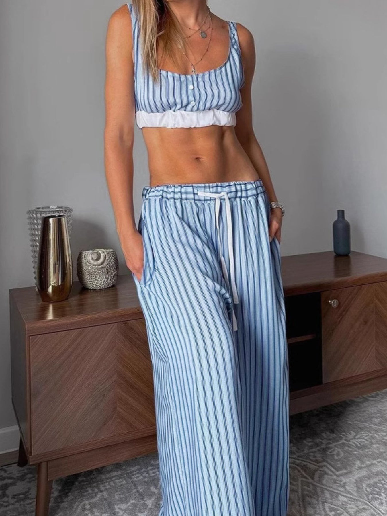 Striped Cami & Shirt and Pants Lounge Set