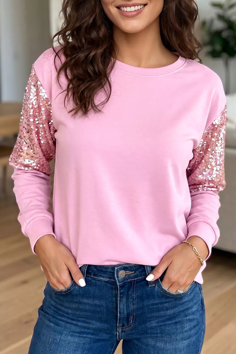 Long Sleeve Sequin Round Neck Pullover Top