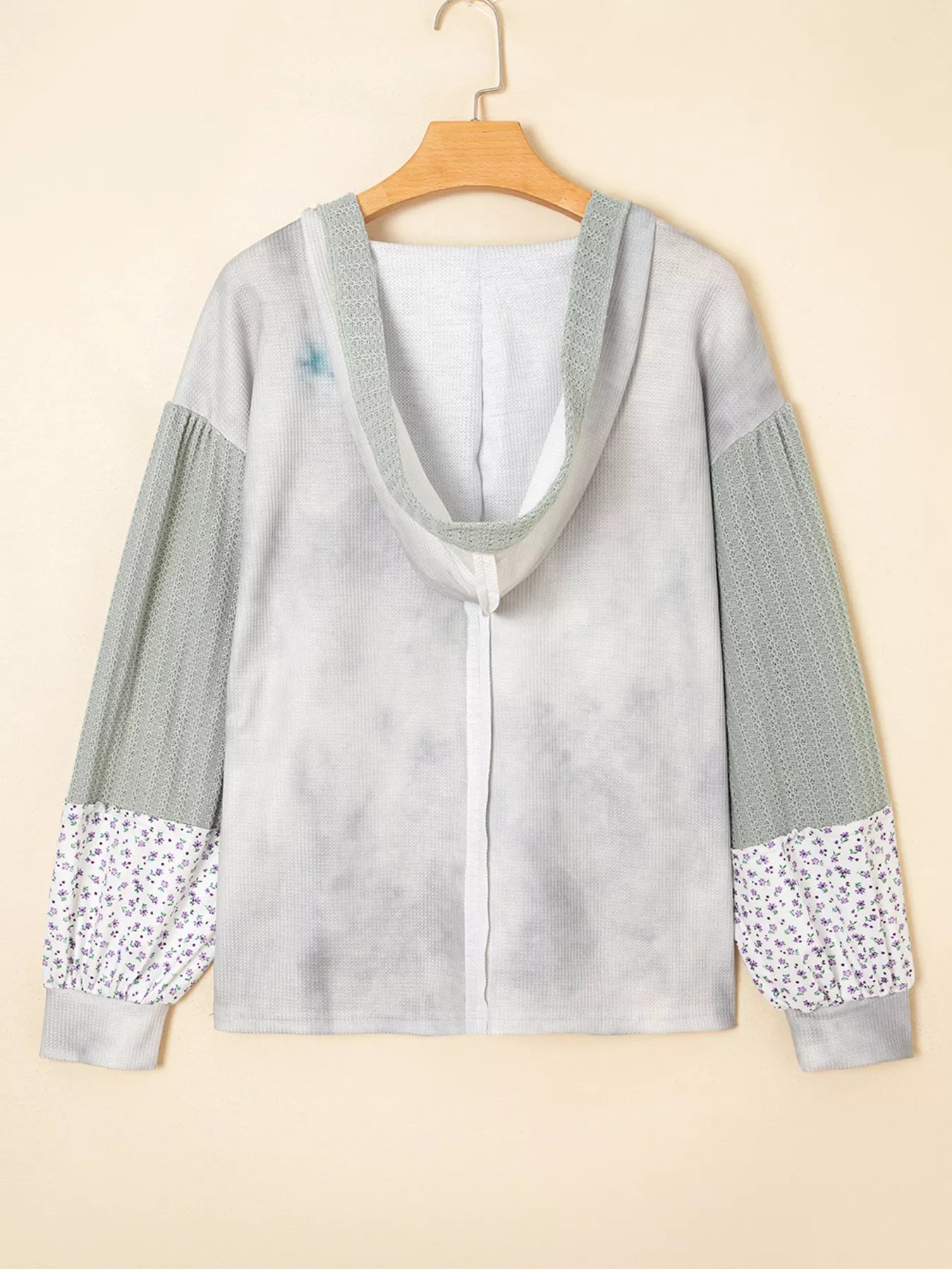 Floral Patched Waffle Textured V Neck Casual Hooded Top