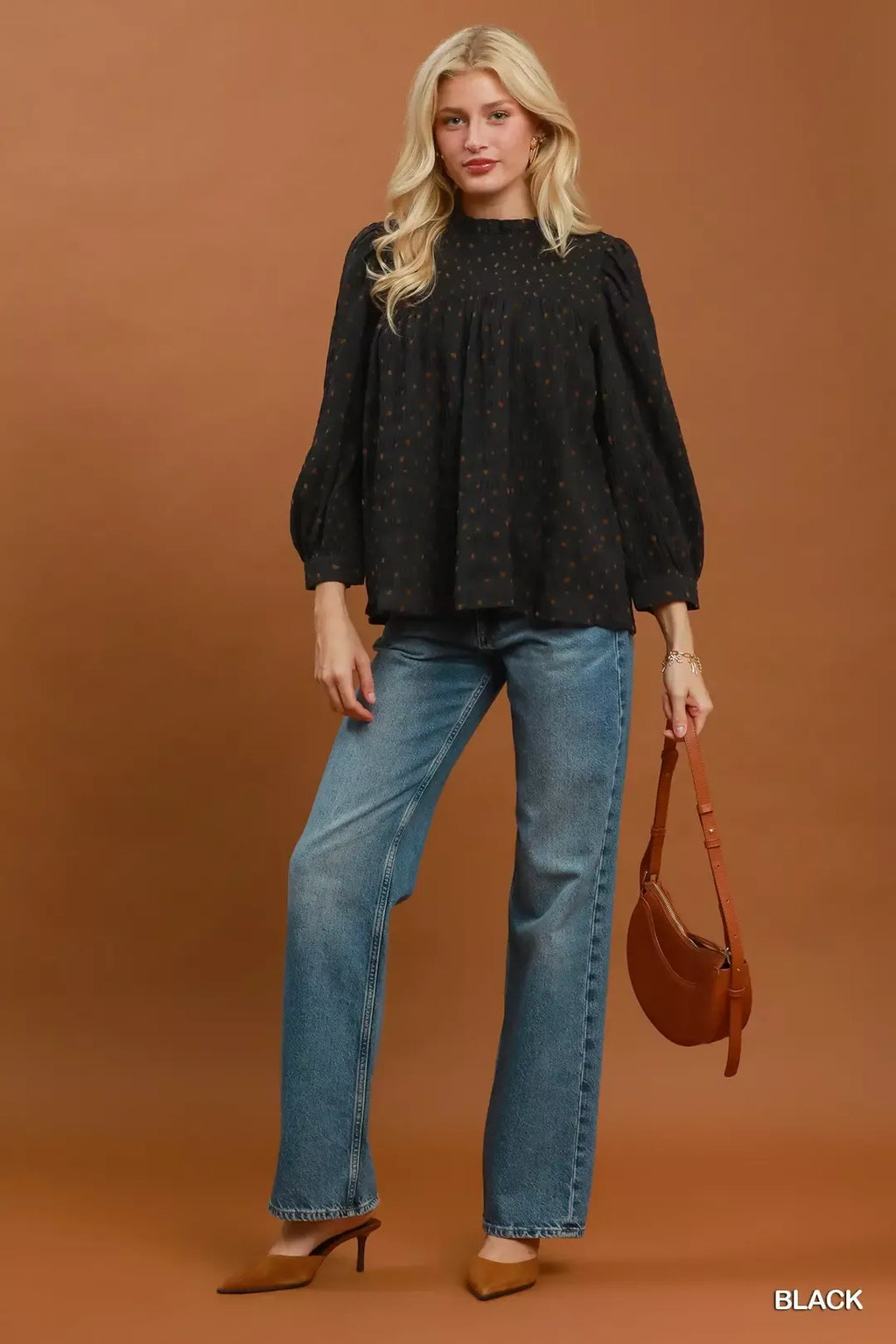 Umgee Polka Dot Smocked Detail Puff Sleeve Blouse