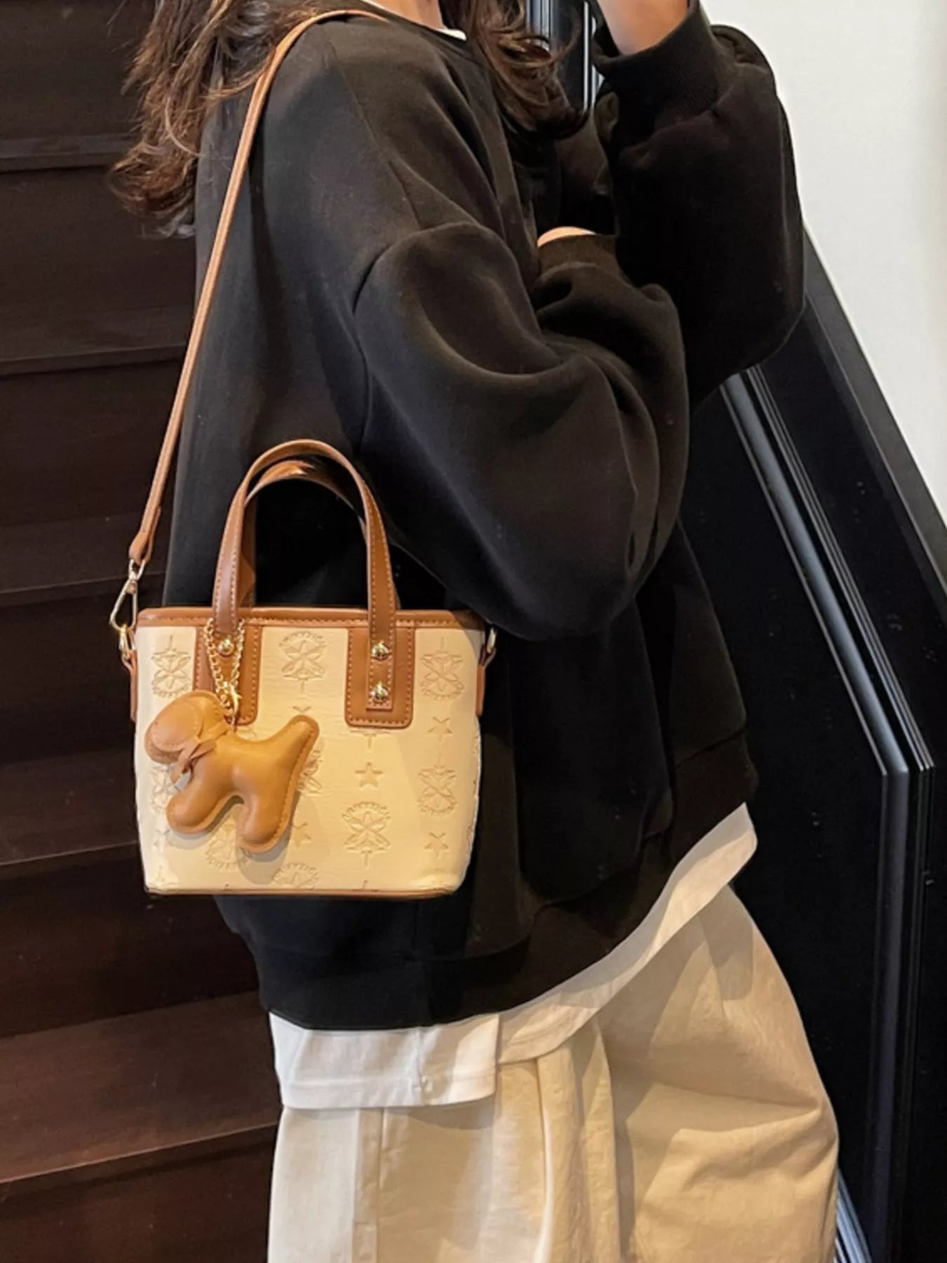 Embossed Pattern Dog Charm Crossbody Bag