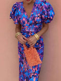 Full Size V-Neck Puff Sleeve Midi Dress Plus Size
