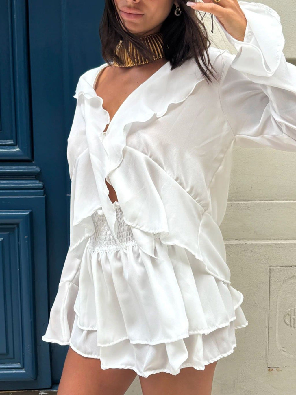 Ruffle Trim Top and Skirt Two-Piece Set