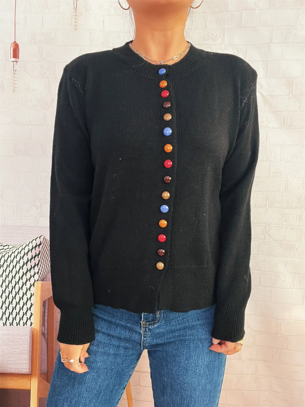 Button-Front Cardigan with Colorful Detail Buttons