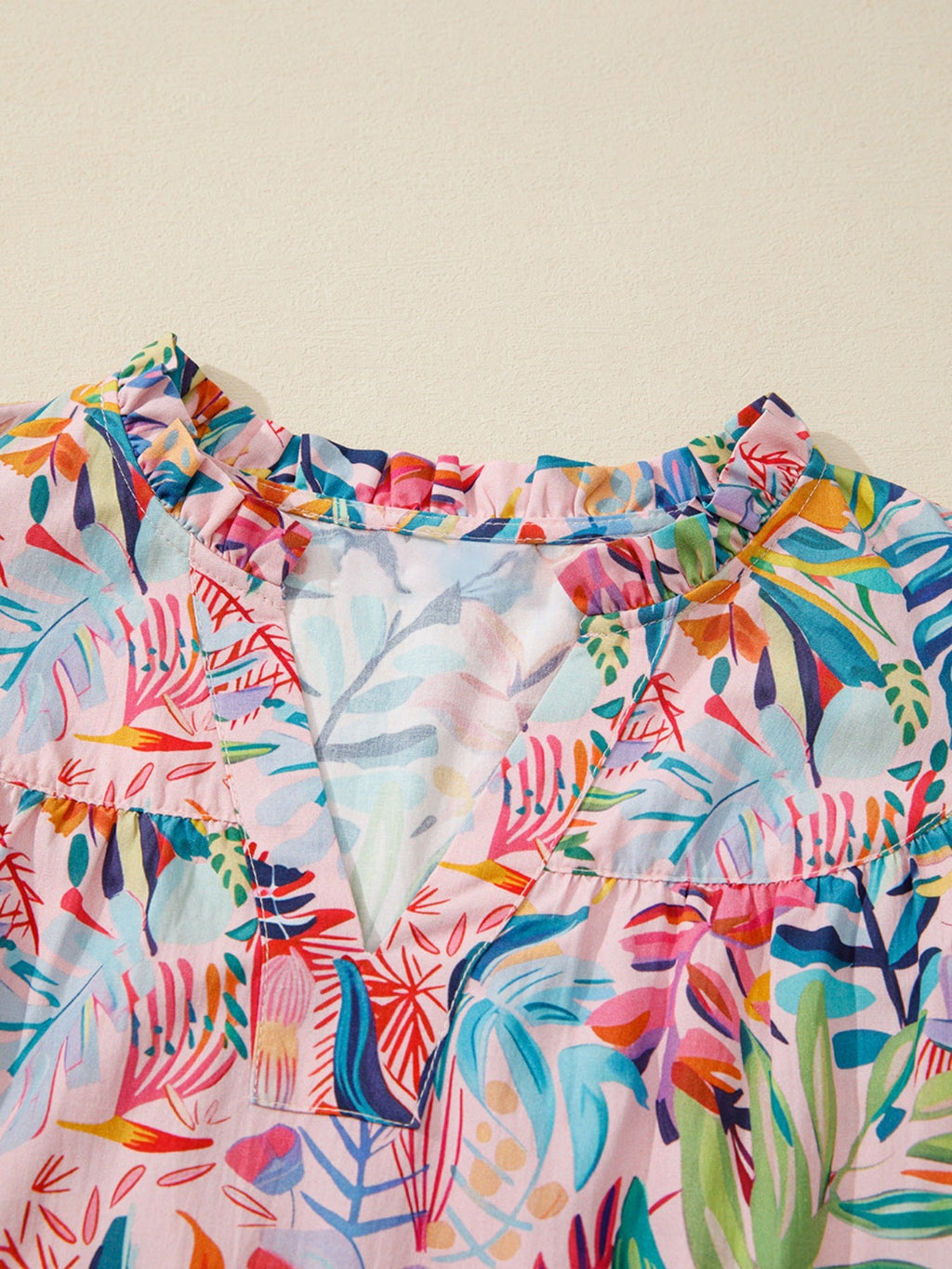 Tropical Floral Print Frilly Notched Neck Ruffled Short Sleeve Blouse