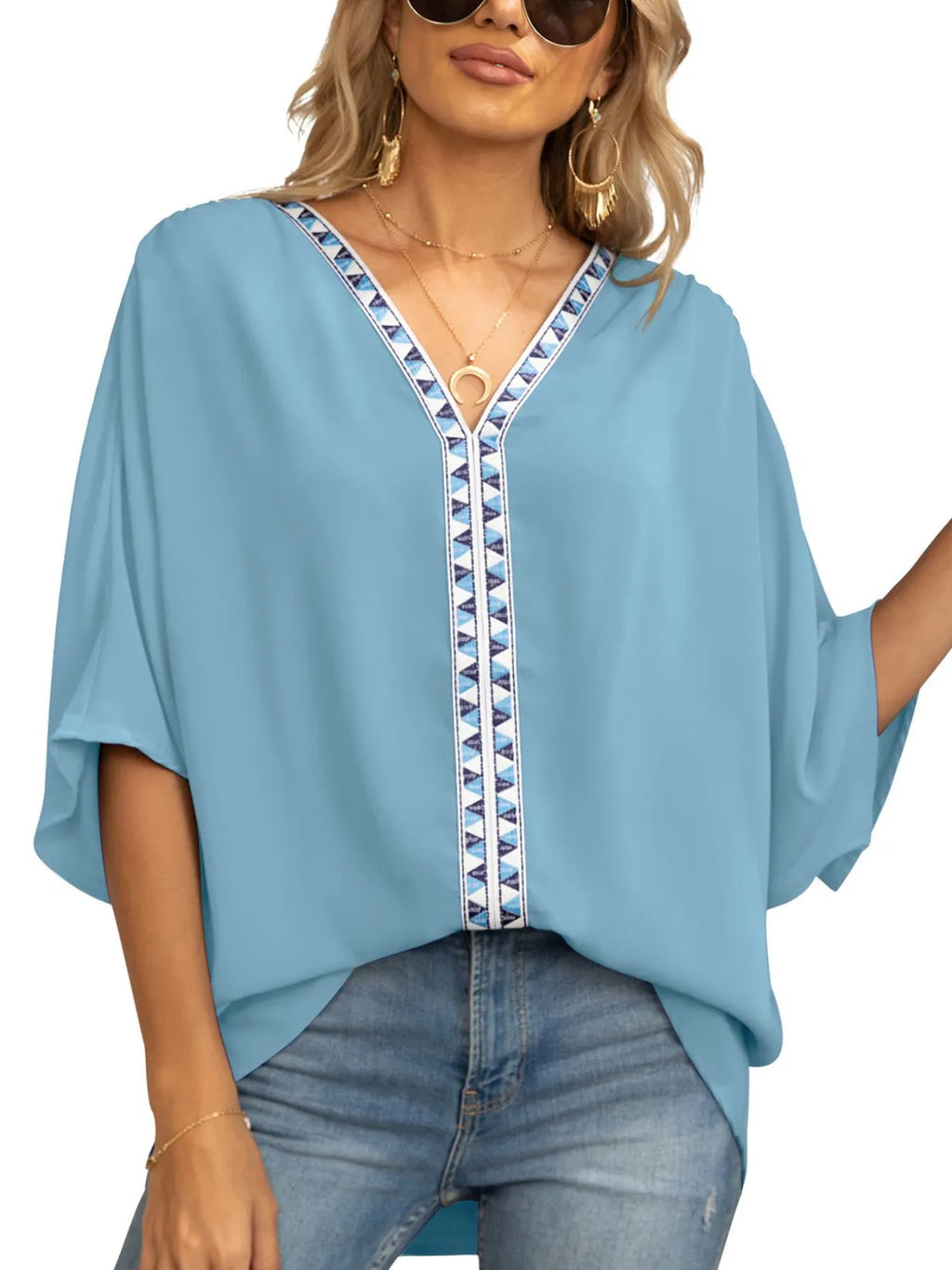 Printed Trim V-Neck Batwing Sleeve Blouse