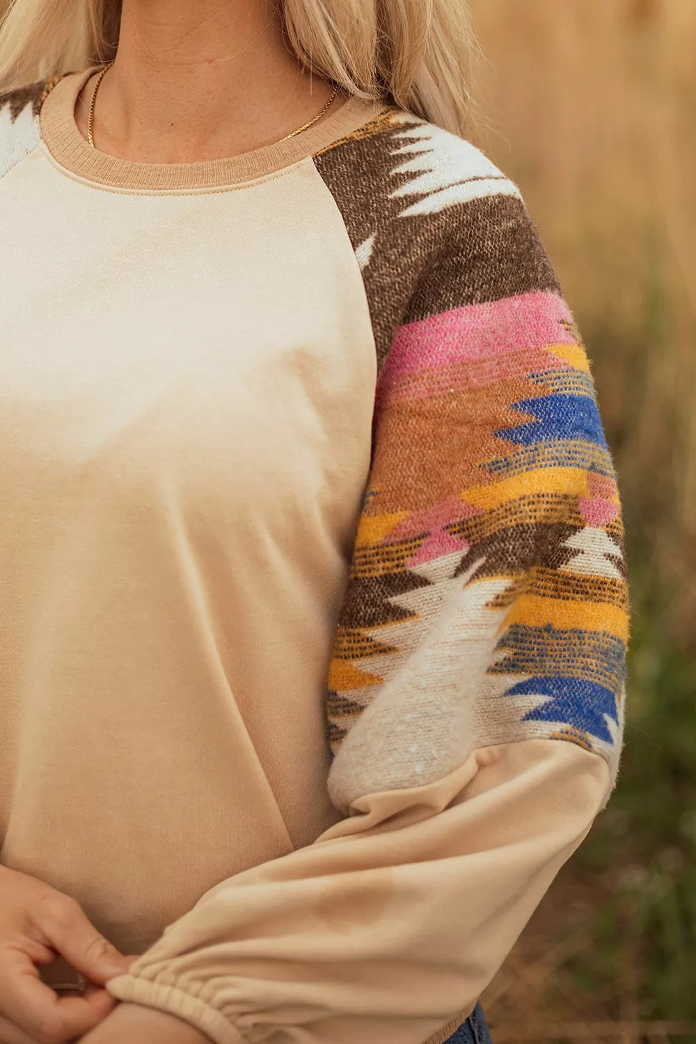 Sequined Rodeo Graphic Aztec Bubble Sleeve Patchwork Western Sweatshirt