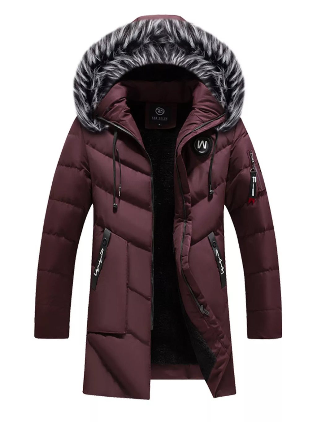 Men's Plus Size Longline Padded Winter Coat with Faux Fur Hood
