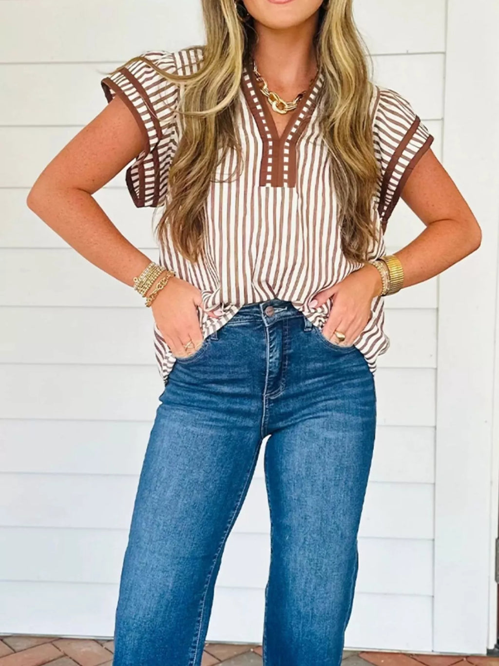 Striped Notched Ruffled Sleeve Blouse