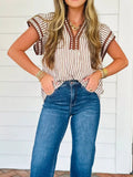 Striped Notched Ruffled Sleeve Blouse