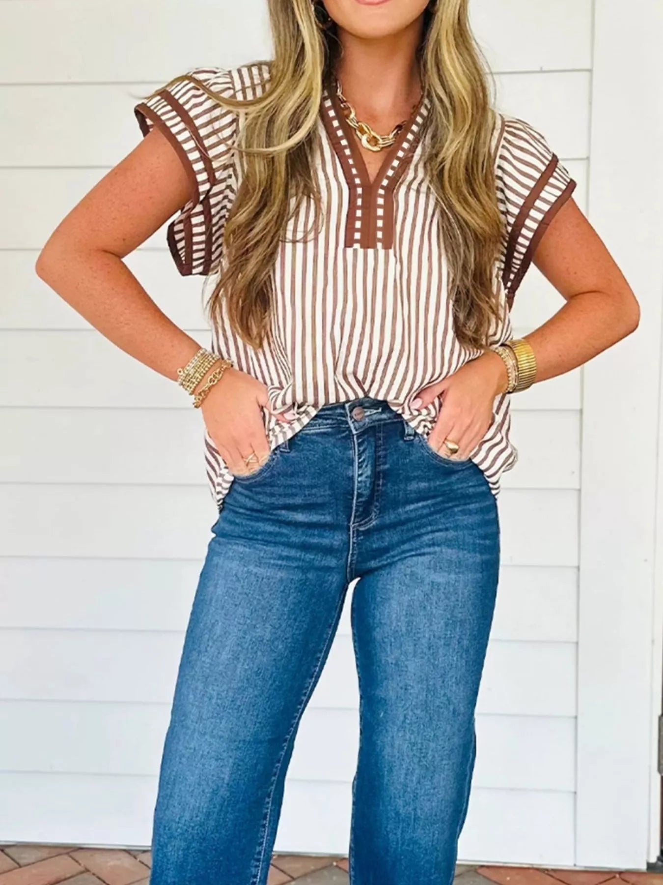 Striped Notched Ruffled Sleeve Blouse