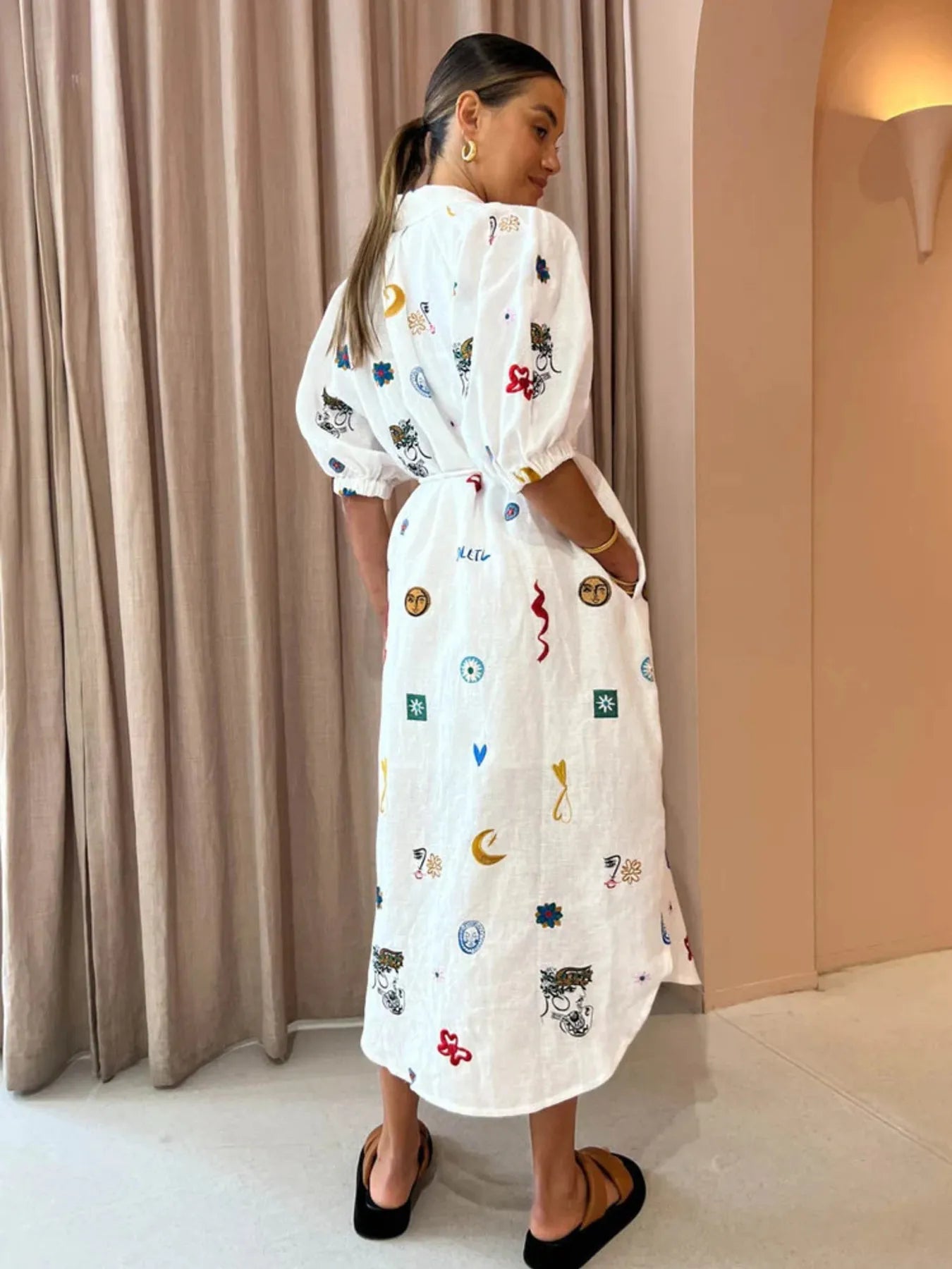 Printed Button Up Midi Shirt Dress