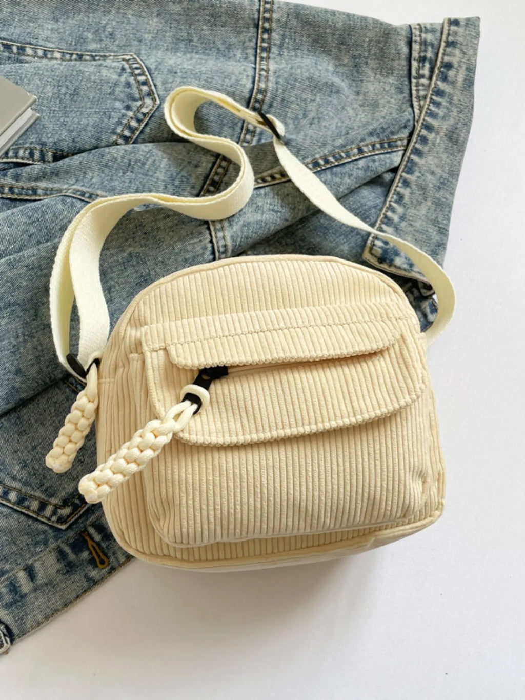 Corduroy Crossbody Bag with Adjustable Strap