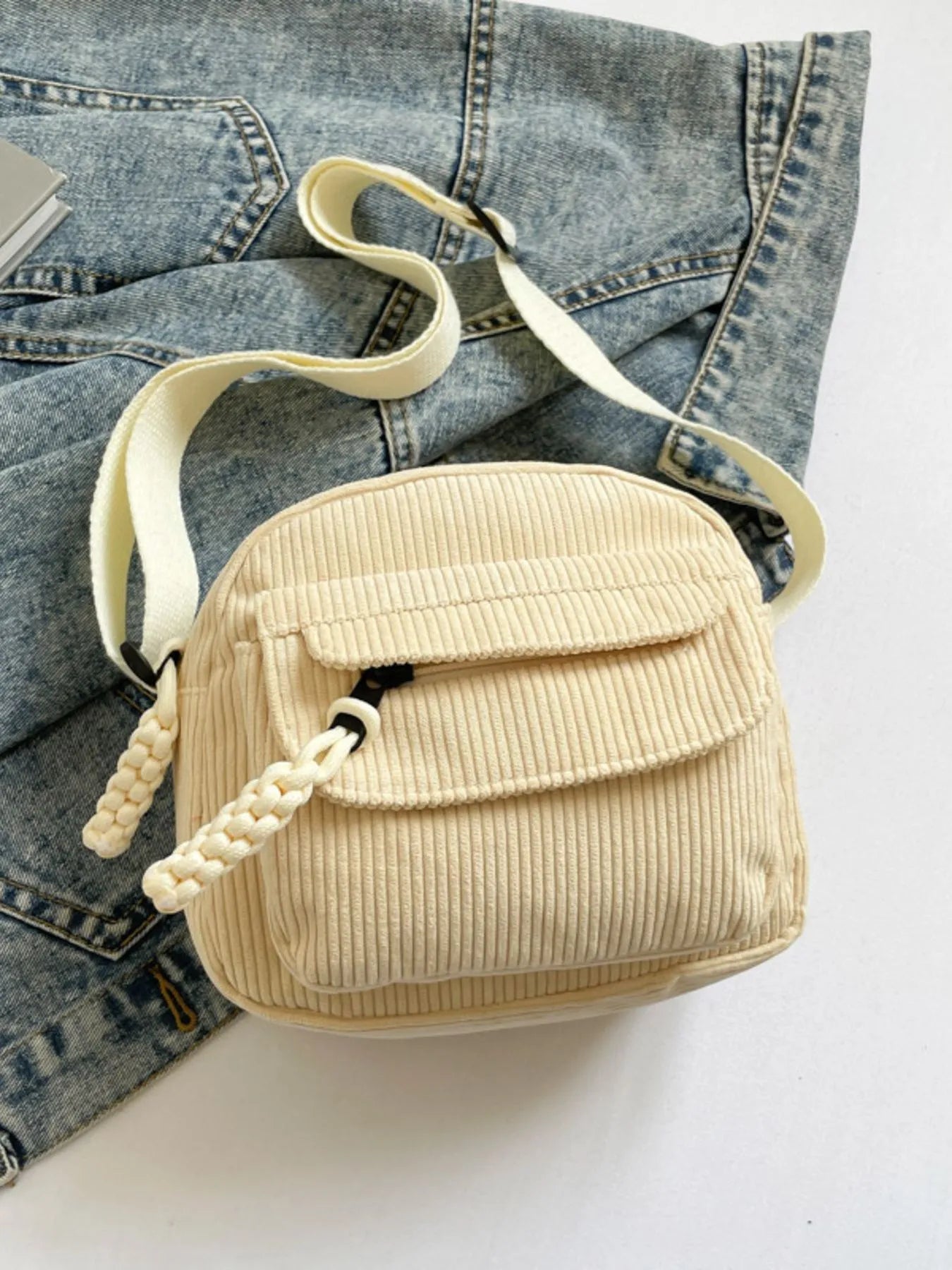 Corduroy Crossbody Bag with Adjustable Strap