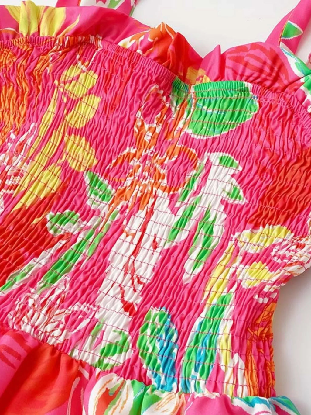 Tropical Print Smocked Tie-Strap Dress